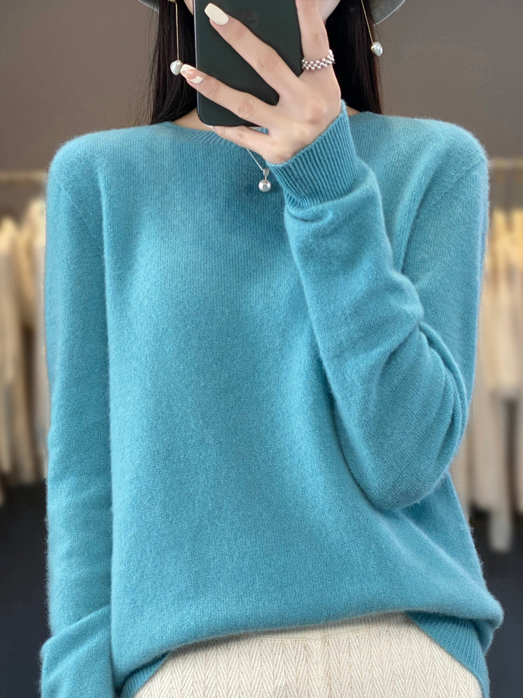 Brynn - Blauer Pullover mit O-Ausschnitt aus bequemer Wolle und Kaschmir